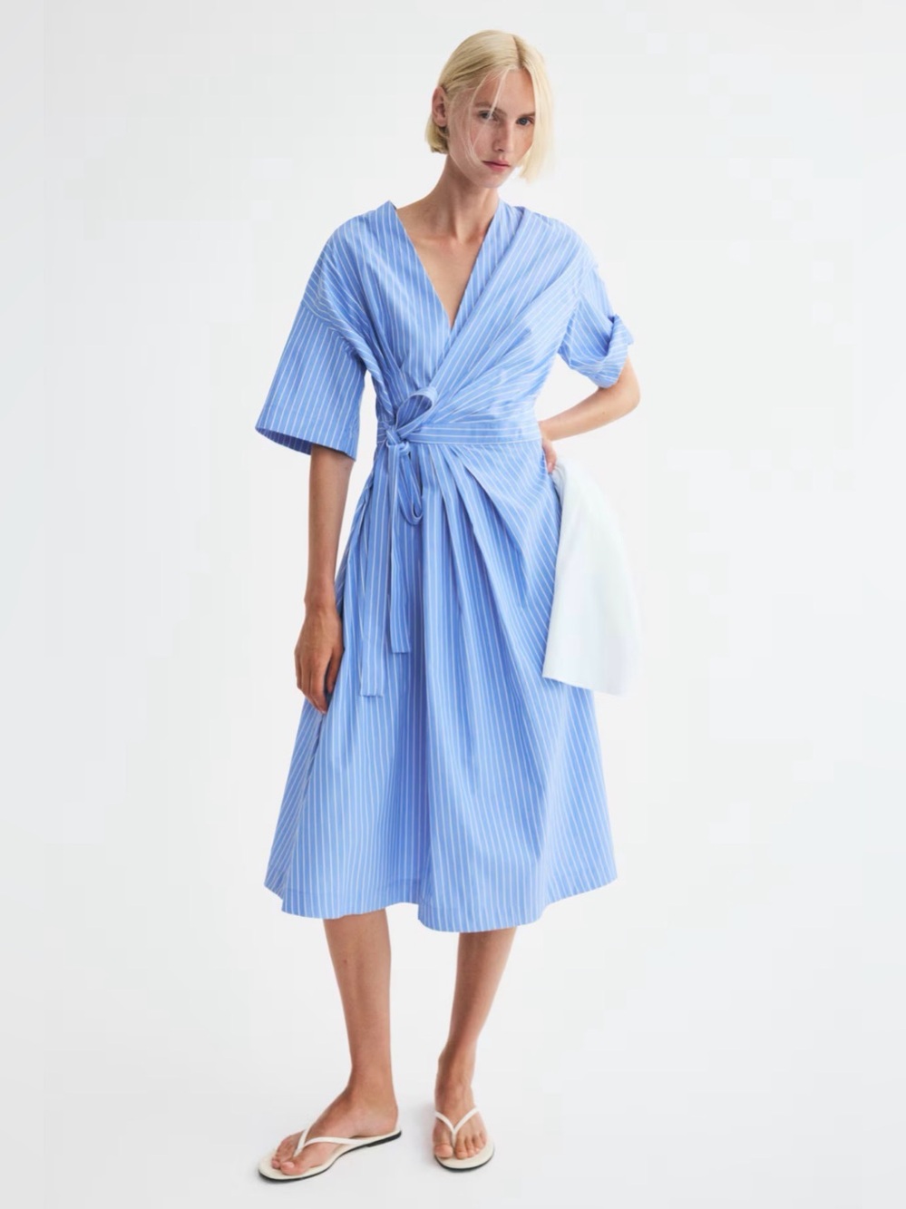 H&M Blue Pinstripe Wrap Midi Dress NWT Size Medium